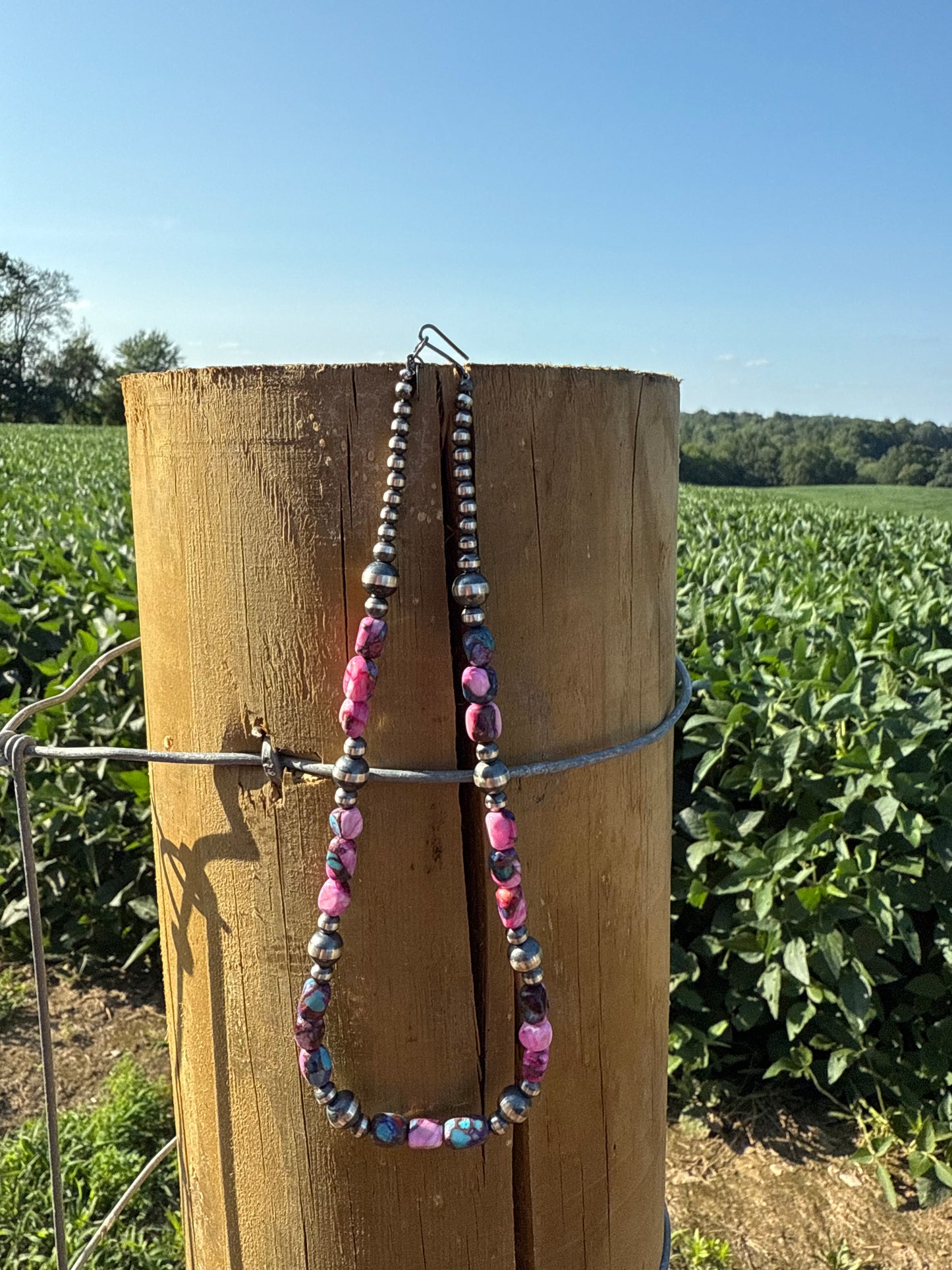16" Navajo Sterling Silver & Pink Dream Mojave Beaded Necklace