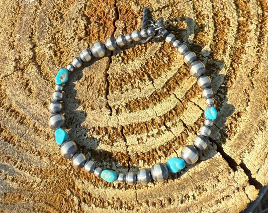 Navajo Sterling Silver Pearl & Turquoise Beaded Bracelet