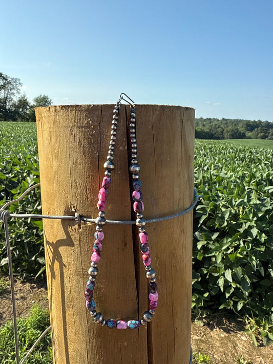 16" Navajo Sterling Silver & Pink Dream Mojave Beaded Necklace